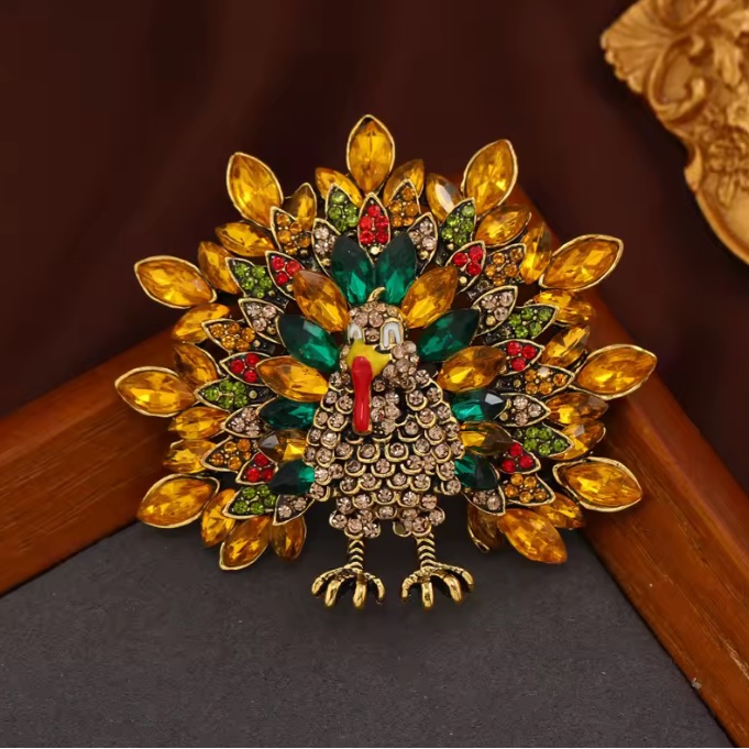Gold Peacock Rhinestone Brooch With Multicolor Crystals Statement Bird Pin